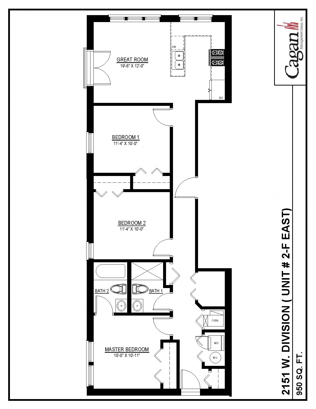 Floor plan for 3 beds, 2 baths, 982 sqft